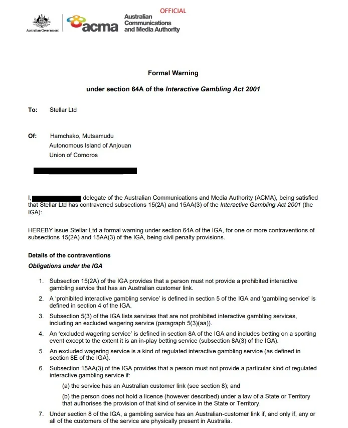 ACMA formal warning page for Stellar Ltd in relation to Malina Casino