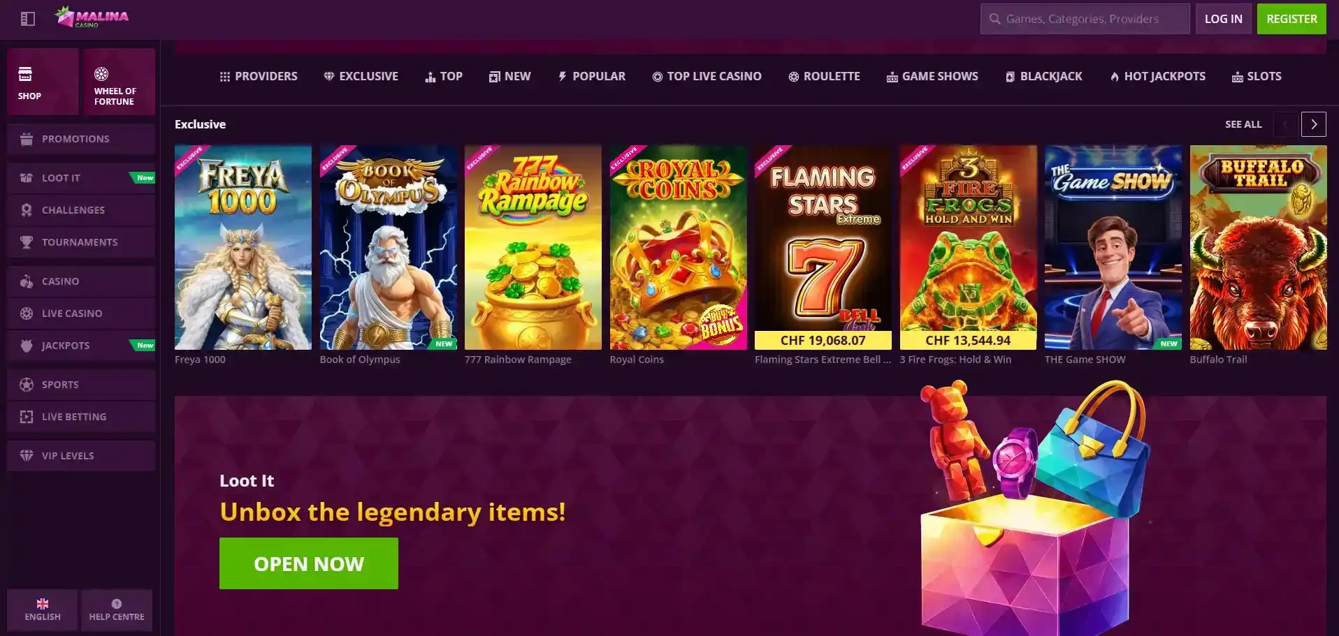 Malina Casino game lobby showing pokies categories, live casino navigation and provider filters