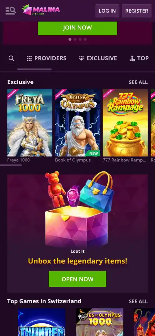 Malina Casino website shown in a real mobile browser viewport