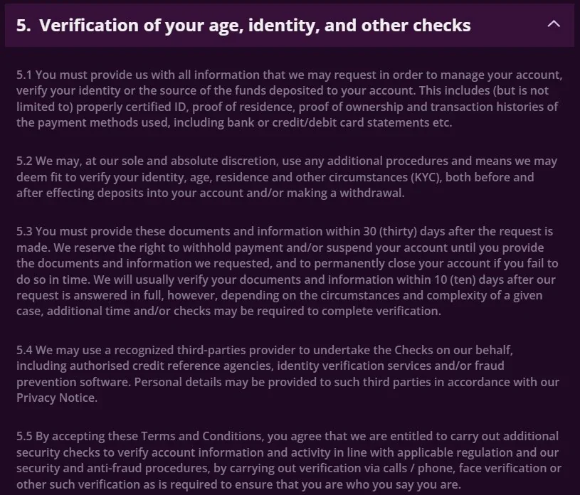 Malina Casino General Terms section describing identity and verification checks