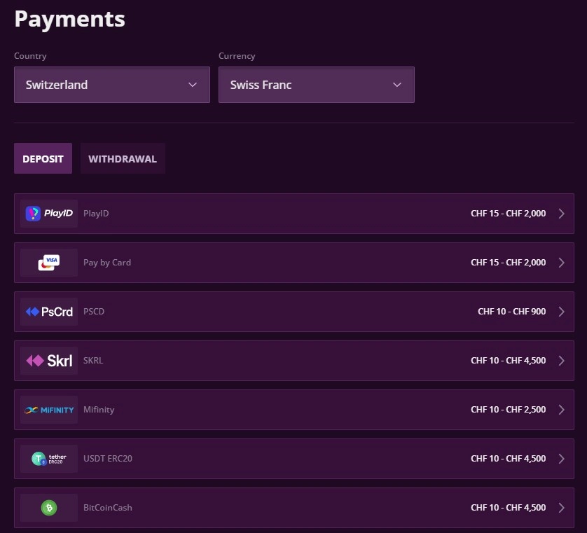 Malina Casino official payments interface with payment and currency controls