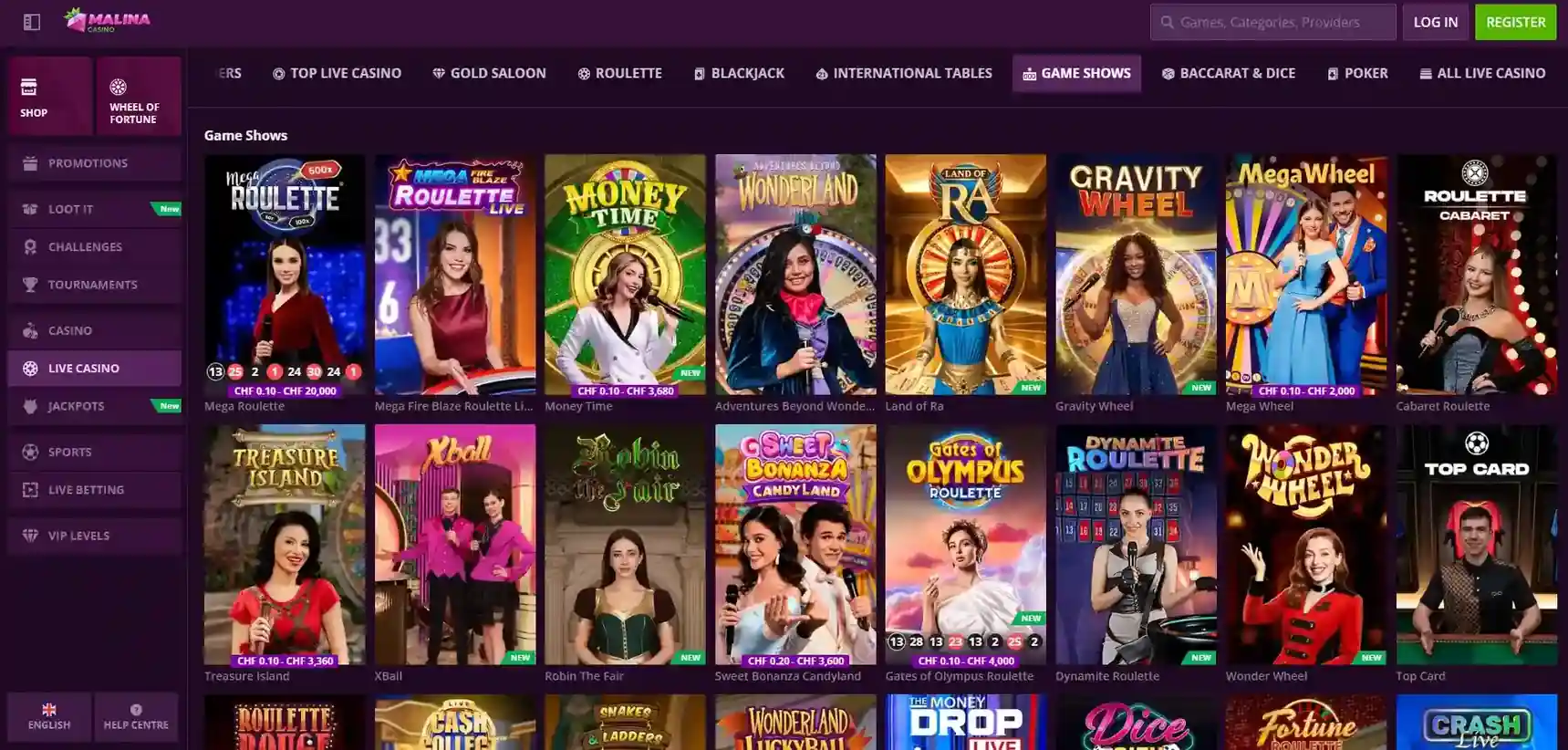 Malina Live Casino lobby with live-dealer category navigation visible