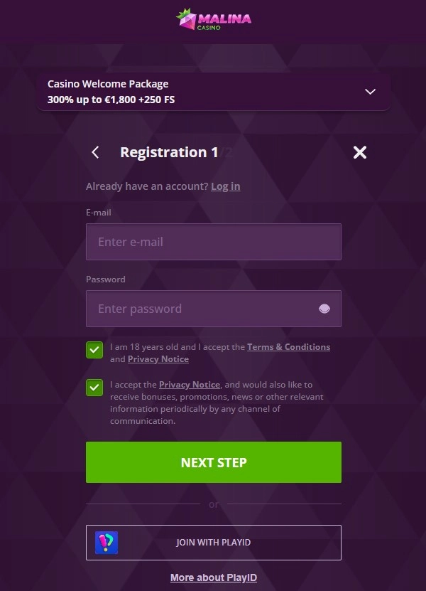 Malina Casino registration and account-entry interface