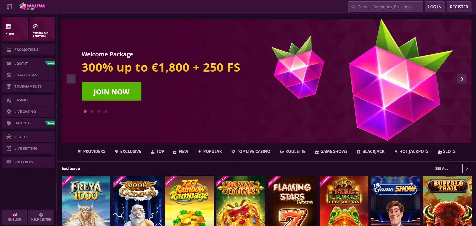 MalinaCasino lobby with casino game navigation