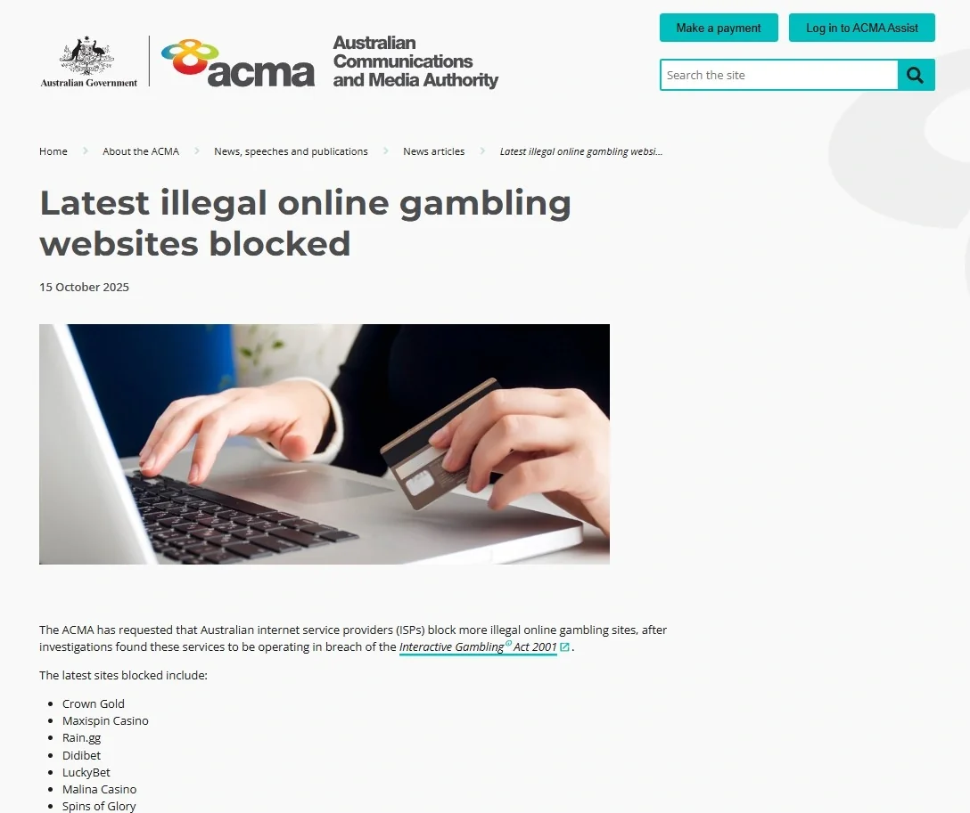 ACMA notice listing Malina Casino among blocked illegal online gambling websites